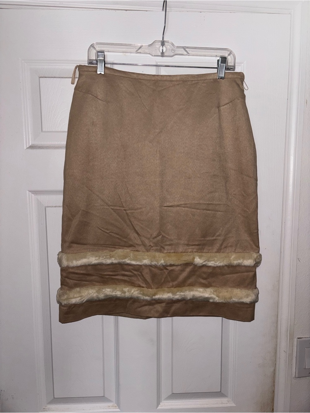 Vintage Versace Jeans Collection Tan Pencil Skirt with Faux-Fur Trim